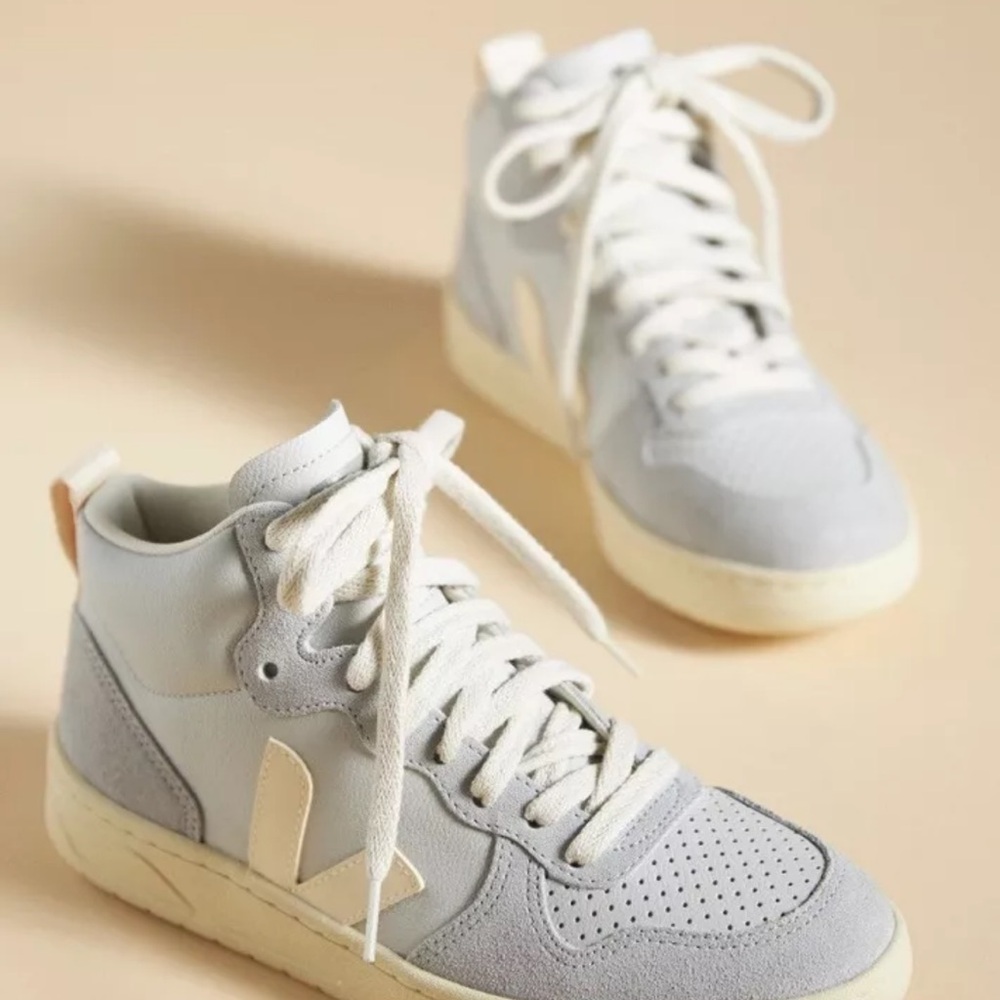 Anthropologie Veja V-15 Mid Top Sneakers Light Blue Grey Ivory Leather - Picture 3 of 9